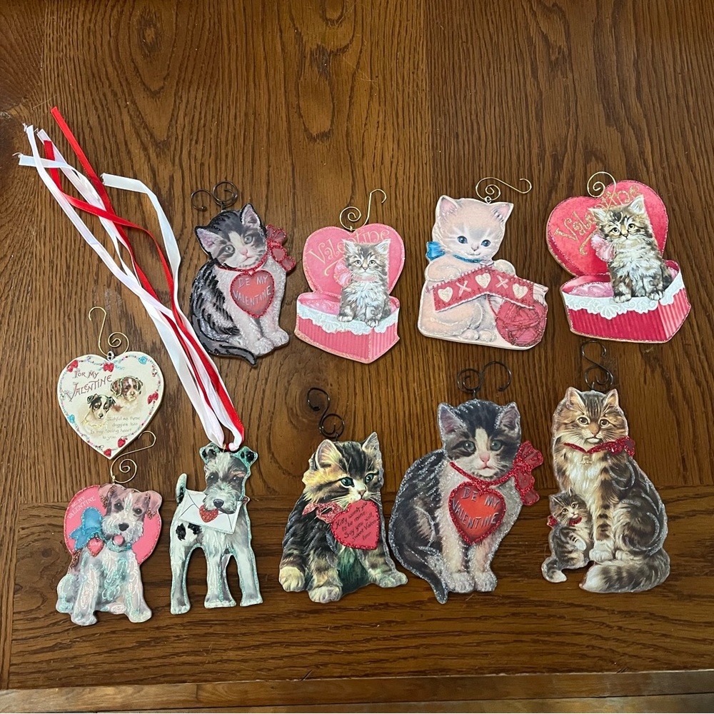 Set of 10 wooden Valentine's Day Cat and Dog Ornaments retro - Picture 2 of 7